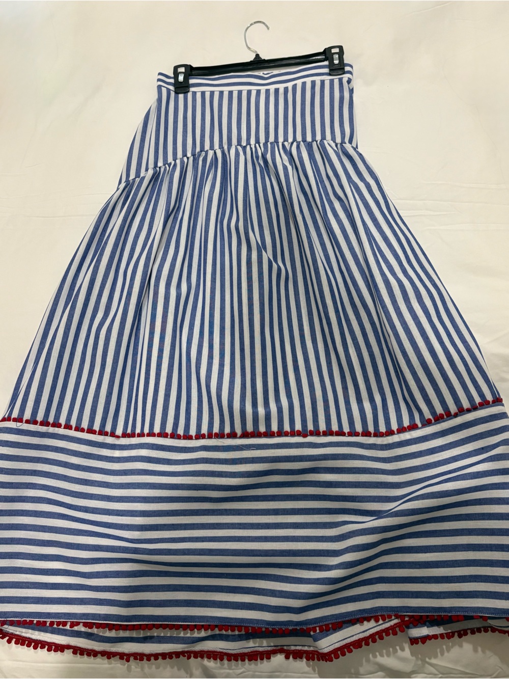 Blue and White Striped Drop Waist Midi Skirt with Red Trim